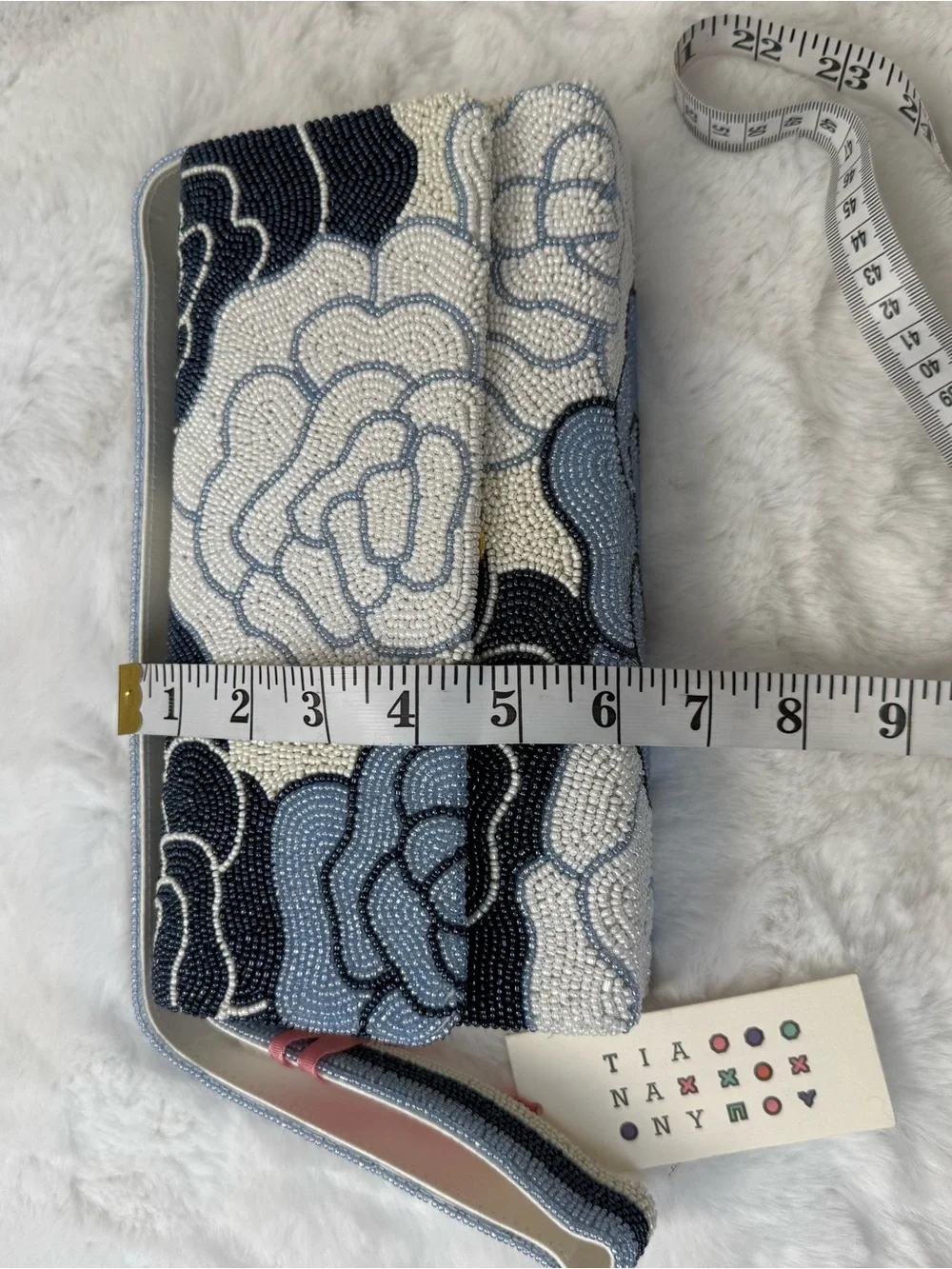 Tiana New York Beaded Floral Clutch Blue White Hand Beaded Wristlet NWT